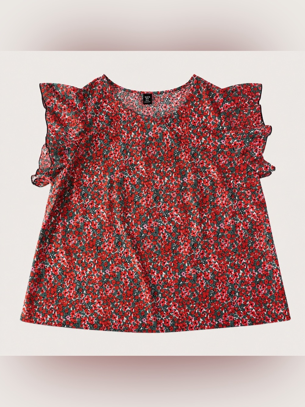 SHEIN Curve 2XL Floral Flutter Sleeve Blouse Red Pink Green